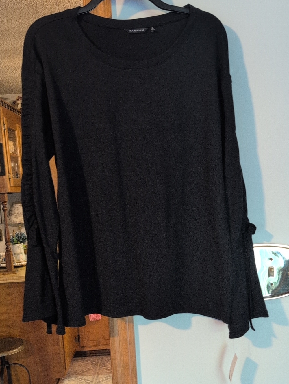 Hannah Black Long-Sleeve Tie-Cuff Knit Top